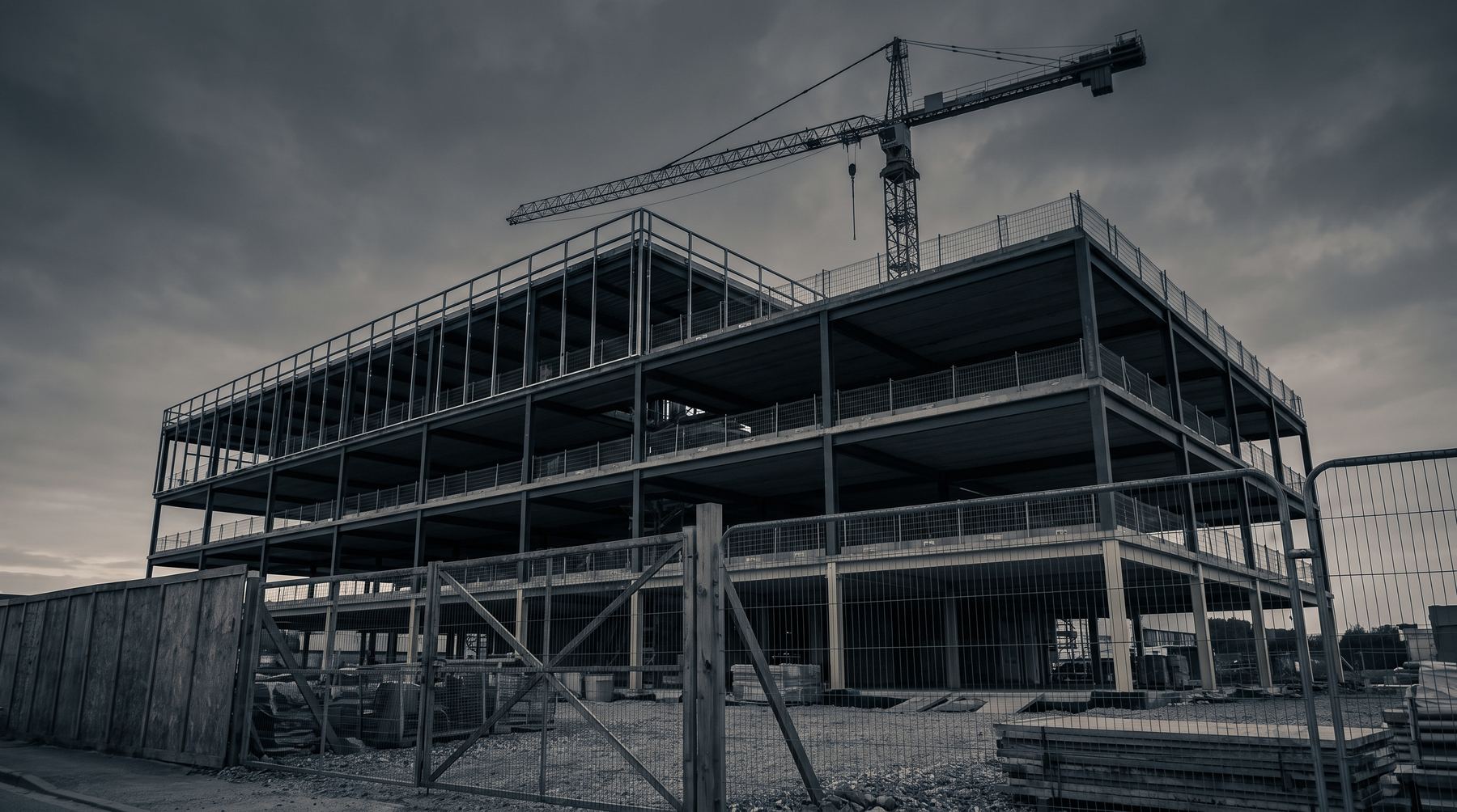 Commercial building under construction at dusk