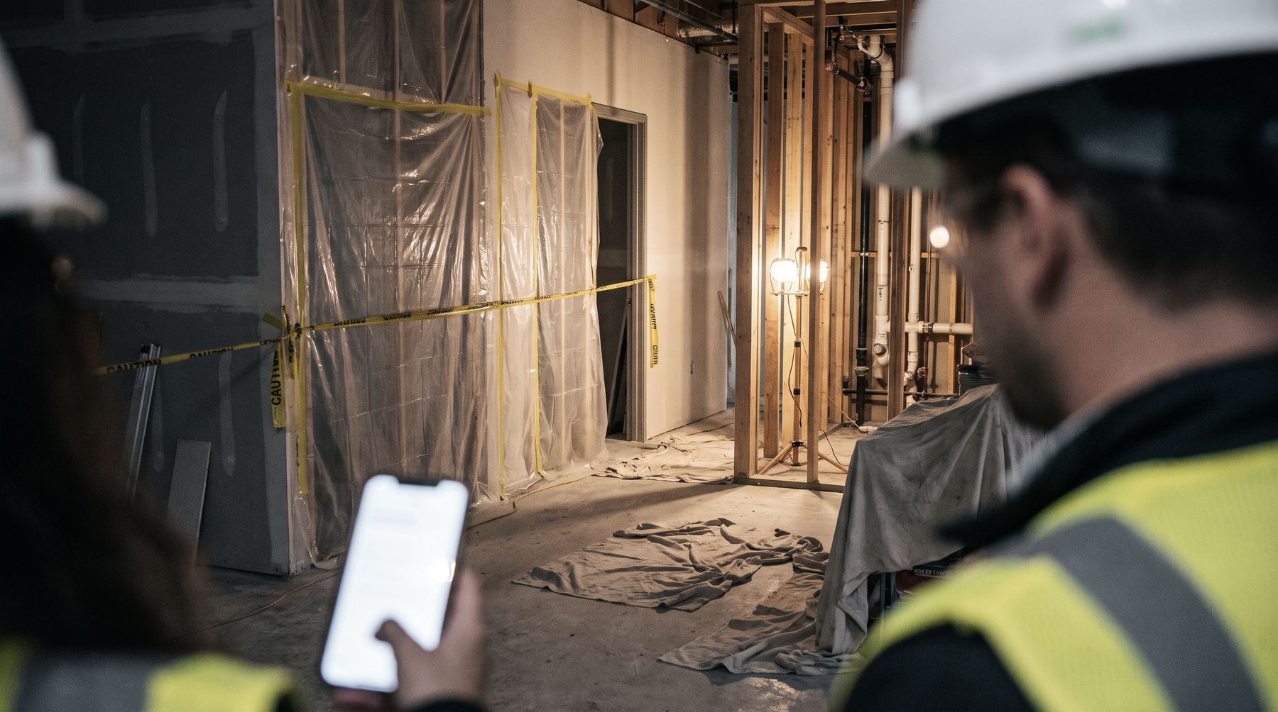 Two people in hard hats on a taped off clinic build, one checking a phone