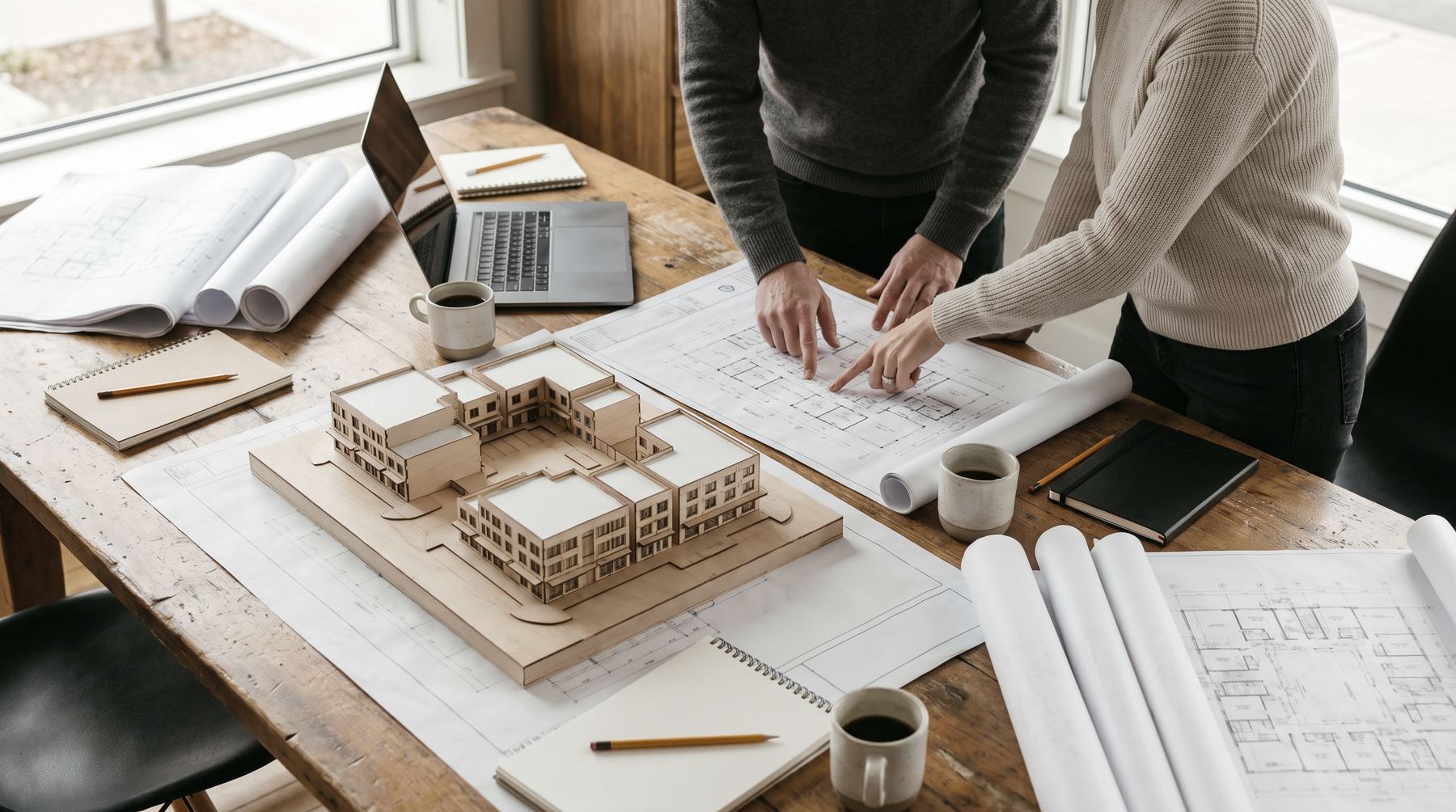 Commercial construction drawings on a table.