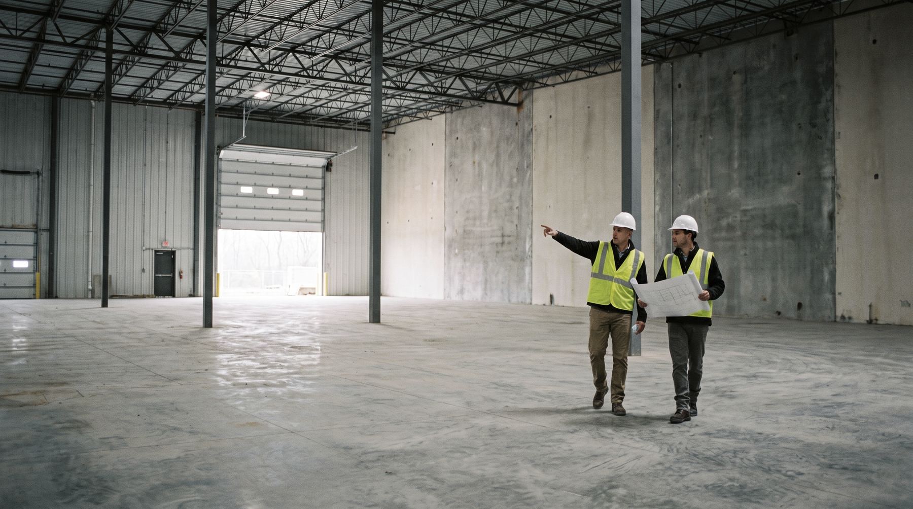 Two commercial construction professionals walking an empty industrial building
