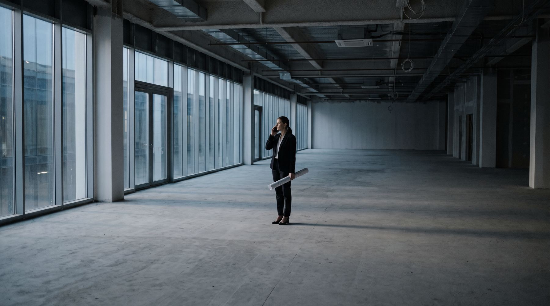 A woman alone in an empty commercial shell at dusk, plans under her arm, phone to her ear
